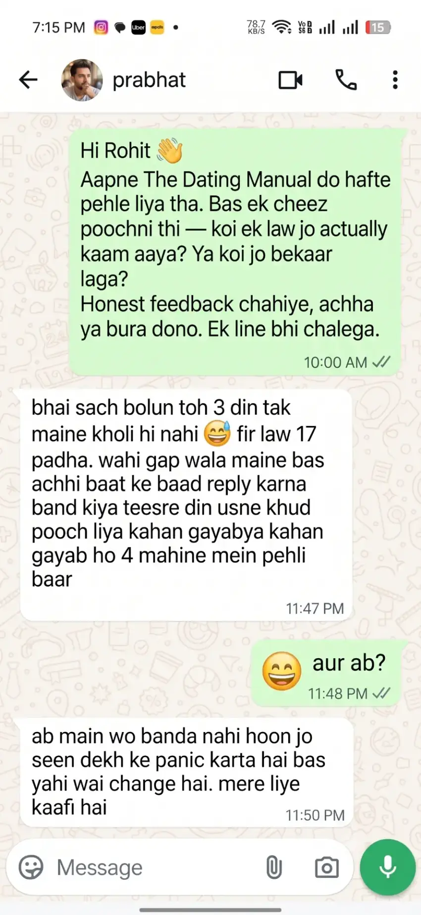 WhatsApp feedback from Prabhat about law 17