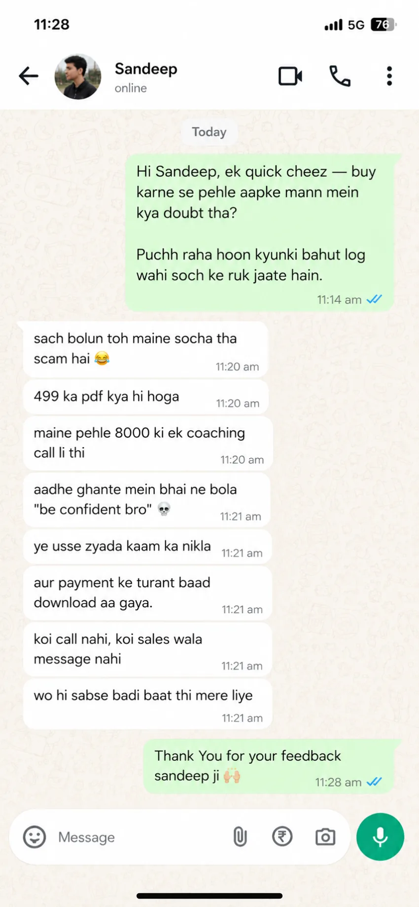 WhatsApp feedback from Sandeep about value for money